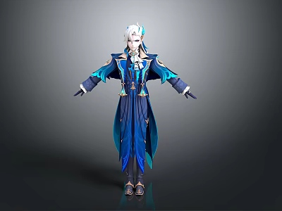 Elegant White Haired Fantasy Game Character In Blue Robe With Golden Details And Flowing Design 3d model