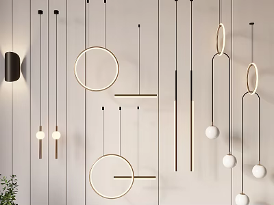 Modern Geometric Pendant Lights with Metal Frames Circular Lines and White Spheres 3d model