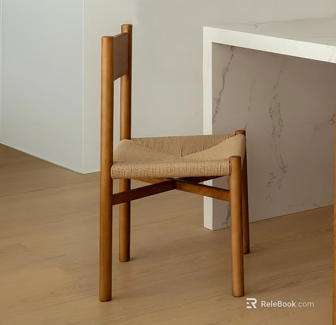 Wooden Single Chair With Woven Seat By Marble Countertop Light Wood Floor 3d model 