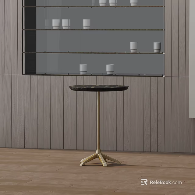 Stylish Minimalist Side Table With Black Surface And Gold Metal Legs In Modern Room With Gray Wooden Wall 3d model 