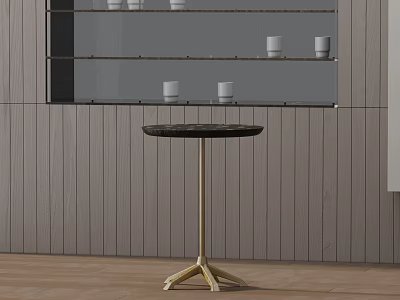 Stylish Minimalist Side Table With Black Surface And Gold Metal Legs In Modern Room With Gray Wooden Wall 3d model