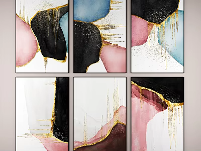 Modern Abstract Paintings With Pink Black Blue Gold Lines And Dripping Effects 3d model
