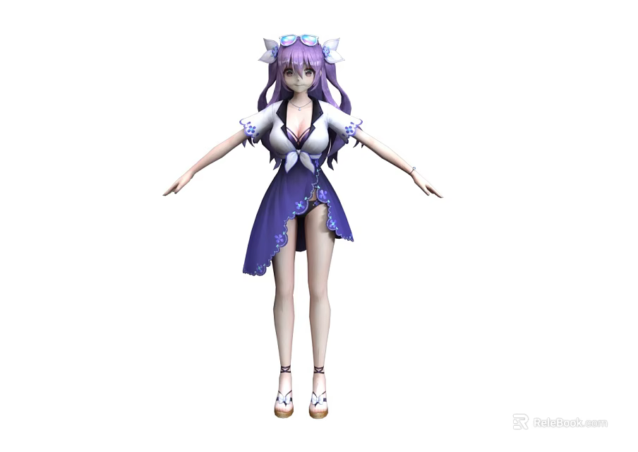 Woman With Purple Hair Wearing White Top And Purple Skirt With Hair Accessory 3d model 