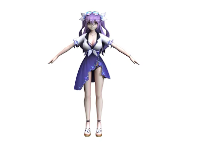 Woman With Purple Hair Wearing White Top And Purple Skirt With Hair Accessory 3d model
