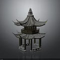 Traditional Chinese Pavilion With Two Story Tiled Roof Curved Eaves And Wooden Pillars