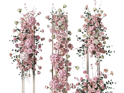 Beautiful Floral Vase Arrangement With Pink White Roses Green Leaves And Metal Stand 3d model