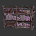 Rustic Wooden Shelf Displaying Clay Pots Woven Baskets Sacks And Wooden Tray