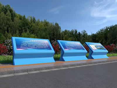 Three Blue Billboards with Green Trees and Red Flowers By Roadside 3d model