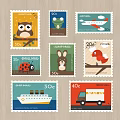 Colorful Stamps Collection With Animals Transportation Mail Types And Denominations