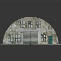 Arched Roof Industrial Building With Concrete Walls Windows Roll Up Door And Green Door