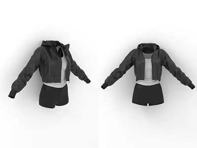 Stylish Black Hooded Jacket With White Inner Top And Black Shorts Outfit 3d model