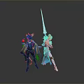 Two Women Characters in Dark Horned Outfit Holding Apple and Blue Attire Wielding Long Sword