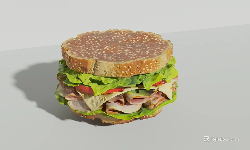 Layered Sandwich With Sesame Seed Bun Lettuce Tomato Ham And Cheese 3d model 