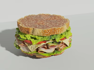 Layered Sandwich With Sesame Seed Bun Lettuce Tomato Ham And Cheese 3d model