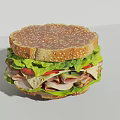 Layered Sandwich With Sesame Seed Bun Lettuce Tomato Ham And Cheese