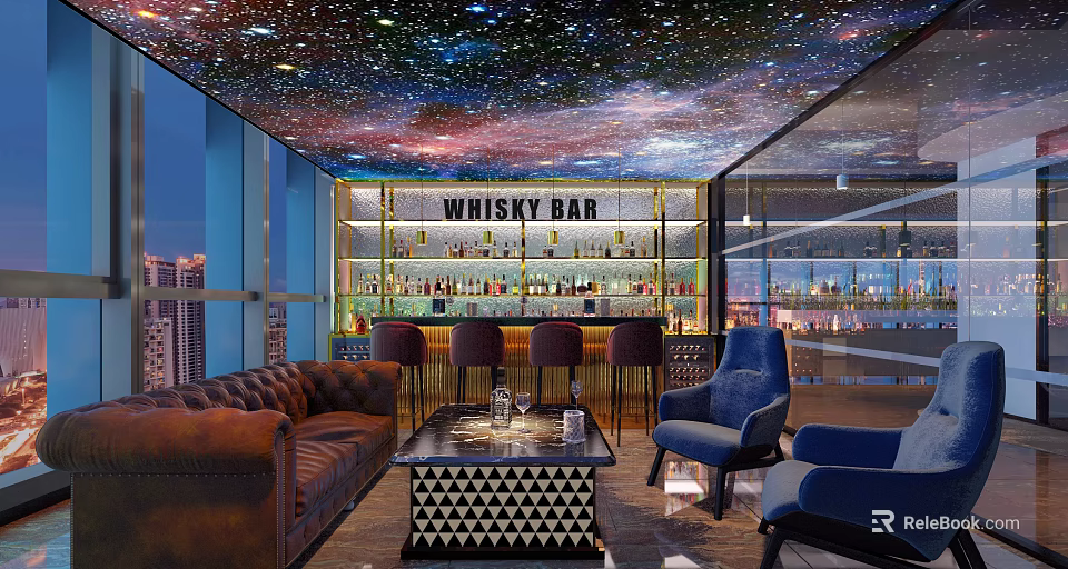 Starry Ceiling Whisky Bar Interior with Bar Counter Leather Sofa and High Stools 3d model