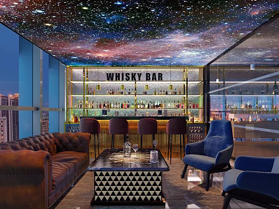 Starry Ceiling Whisky Bar Interior with Bar Counter Leather Sofa and High Stools 3d model