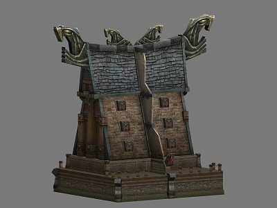Cartoon Scene With Dragon Decorated Tower Tile Roof Brick Walls And Wooden Structure 3d model