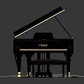 Elegant Black Grand Piano Musical Instrument with Leather Bench on Gray Carpet