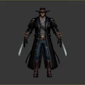 Detailed 3D Character Model With Stylish Trench Coat Wide Brim Hat And Dual Blades