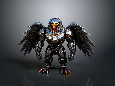 Robotic Eagle Creature With Metallic Armor Wings And Glowing Orange Eyes 3d model