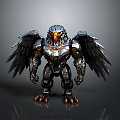 Robotic Eagle Creature With Metallic Armor Wings And Glowing Orange Eyes