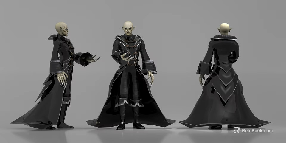 Game Movie Character Skeleton Wizard in Black Robe with Front Side Back Views 3d model 