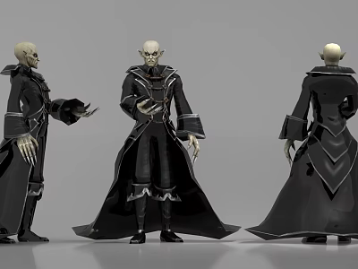 Game Movie Character Skeleton Wizard in Black Robe with Front Side Back Views 3d model