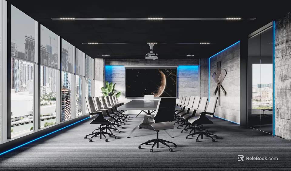 Modern Conference Room Interior With Long Table Black Chairs Ceiling Lighting And City View Windows 3d model 