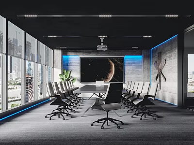 Modern Conference Room Interior With Long Table Black Chairs Ceiling Lighting And City View Windows 3d model