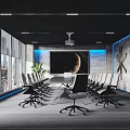 Modern Conference Room Interior With Long Table Black Chairs Ceiling Lighting And City View Windows