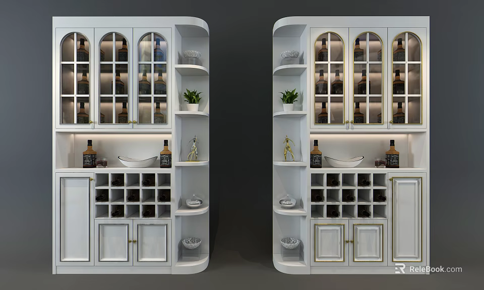 White Modern Wine Cabinet With Glass Doors Wine Bottles Glasses And Decorative Items 3d model 