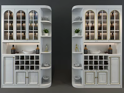 White Modern Wine Cabinet With Glass Doors Wine Bottles Glasses And Decorative Items 3d model