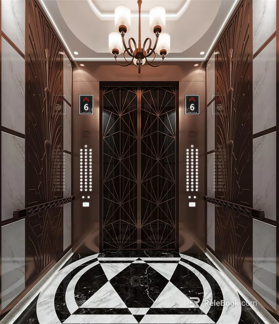 Luxurious Elevator With Geometric Pattern Doors Bronze Frame And Checkered Floor 3d model 