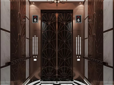 Luxurious Elevator With Geometric Pattern Doors Bronze Frame And Checkered Floor 3d model