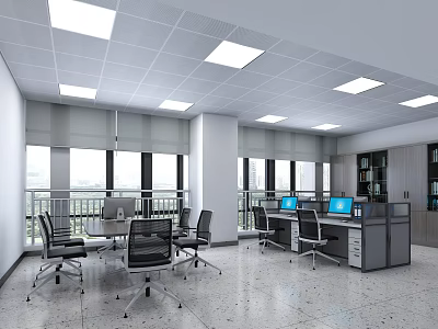 Modern Public Office Interior With Open Layout Desks Computers Bookshelves And Ceiling Lights 3d model