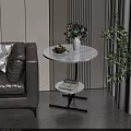 Beige Sofa and Round Marble Coffee Table Set With Gold Tray Vase Books Green Plant