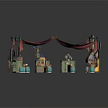 Vintage Small Building Structures Featuring Green Cabinets Red Awnings Wooden Barrels And Tables