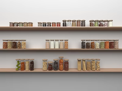 Organized Kitchen Spice Jars Arranged On Wooden Shelves With Various Spices 3d model
