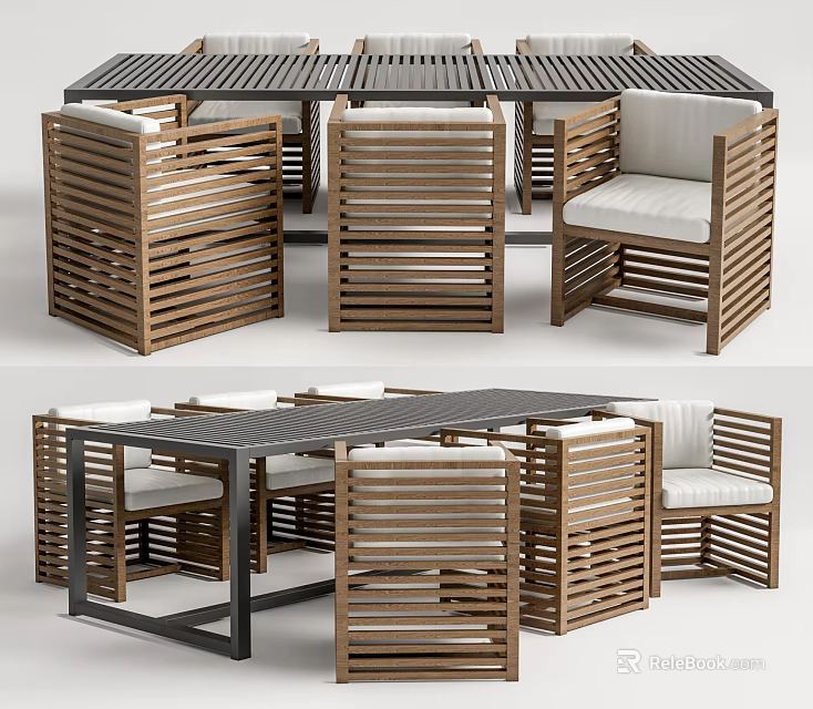 Modern Wooden Table and Chair Set with Backrests and Comfortable Seat Cushions 3d model 