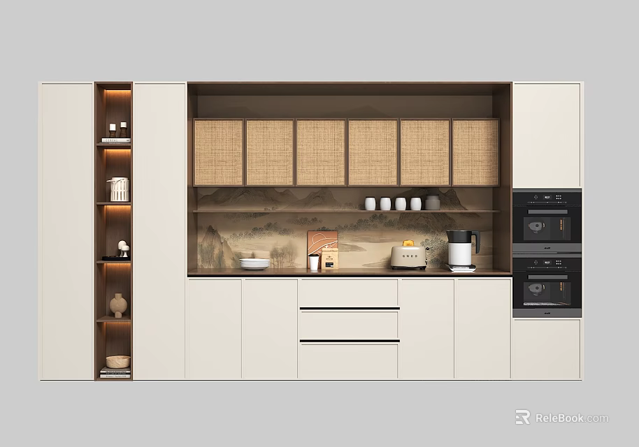 Modern Wine Cabinet In Kitchen With Storage Shelves And Glass Doors Design 3d model 