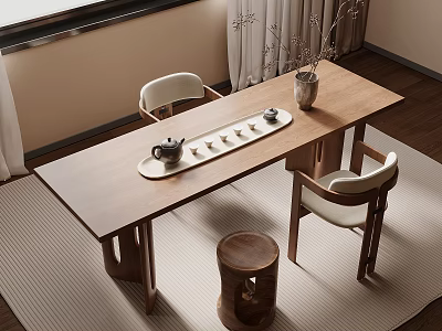 Modern Indoor Tea Table And Chairs With Tea Set Vase Branches And Small Stool 3d model