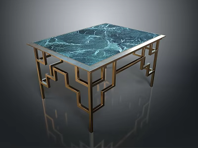 Blue Green Veined Marble Top Dining Table With Golden Geometric Legs Design 3d model