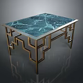 Blue Green Veined Marble Top Dining Table With Golden Geometric Legs Design