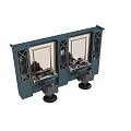 Elegant Modern Barber Shop Interior With Two Barber Chairs Vanities Blue Cabinets Mirrors And Lighting