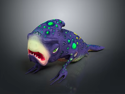 Fantasy Lizard Like Creature Purple Body Green Yellow Spots Sharp Teeth Open Mouth Green Eyes 3d model