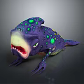 Fantasy Lizard Like Creature Purple Body Green Yellow Spots Sharp Teeth Open Mouth Green Eyes