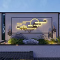 Modern Luxury Outdoor Lights in Courtyard with Landscape Pattern Background Wall Green Plants and Rockery