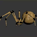 Golden Mechanical Spider Game Movie Character With Spherical Body Red Eyes Metallic Legs Reflective Surface