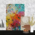 Colorful Textured Abstract Painting With Small Artwork Decorative Cones And Flower Vase